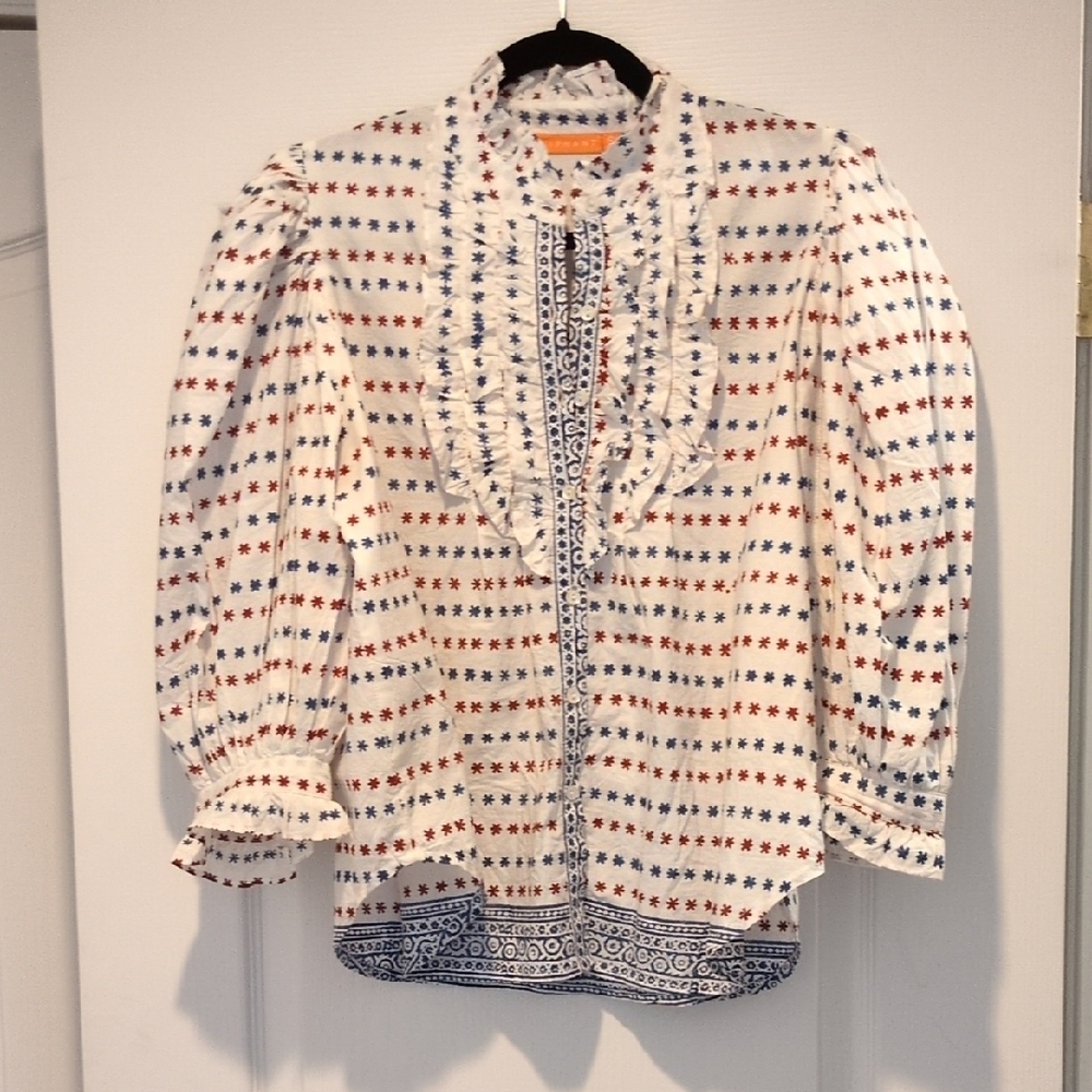 White Blouse with Red and Blue Star Pattern